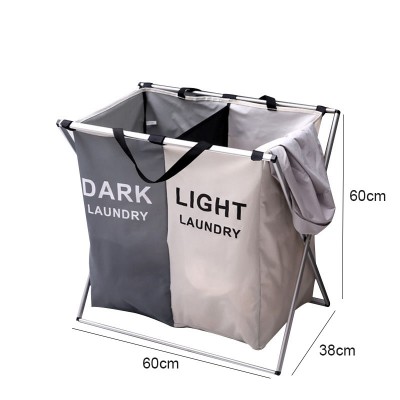 Laundry Basket 2 Section Hamper Washing Storage Basket Bag Folding Hamper Waterproof & Aluminum X-Frame Cloth Organizer