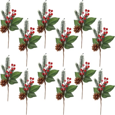 12 Pieces Pine Snowy Flower Picks Artificial Holly Red Berry Pine Cone Picks Faux Berries Pine Cones for Christmas Crafts Party